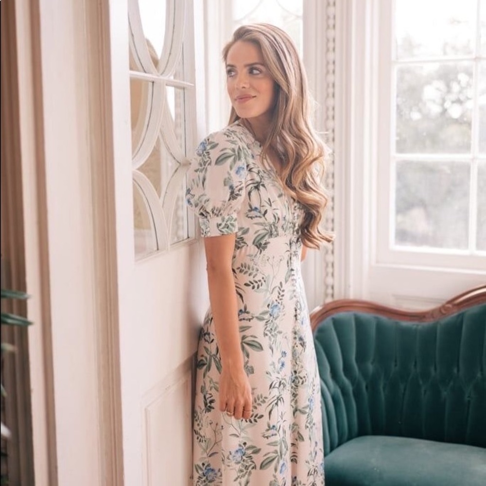 Gal Meets Glam Cream Floral Midi Dress with Blue and Green Print